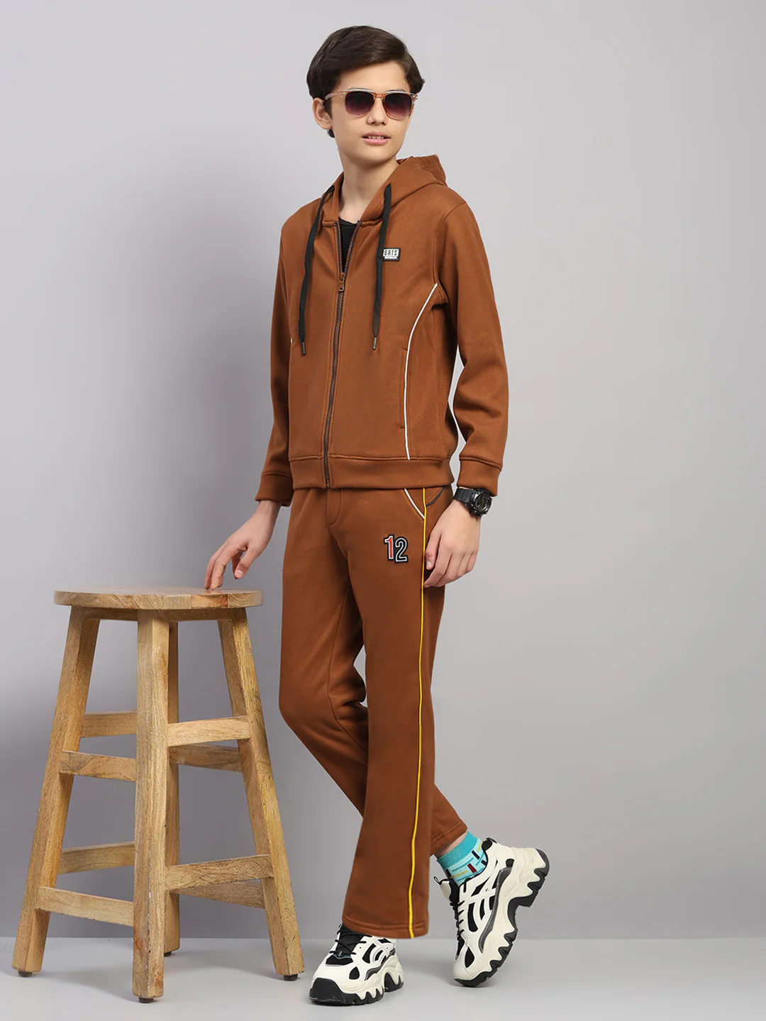 Boys Tan Embroidered Collar Full Sleeve Winter Tracksuit - Image 2