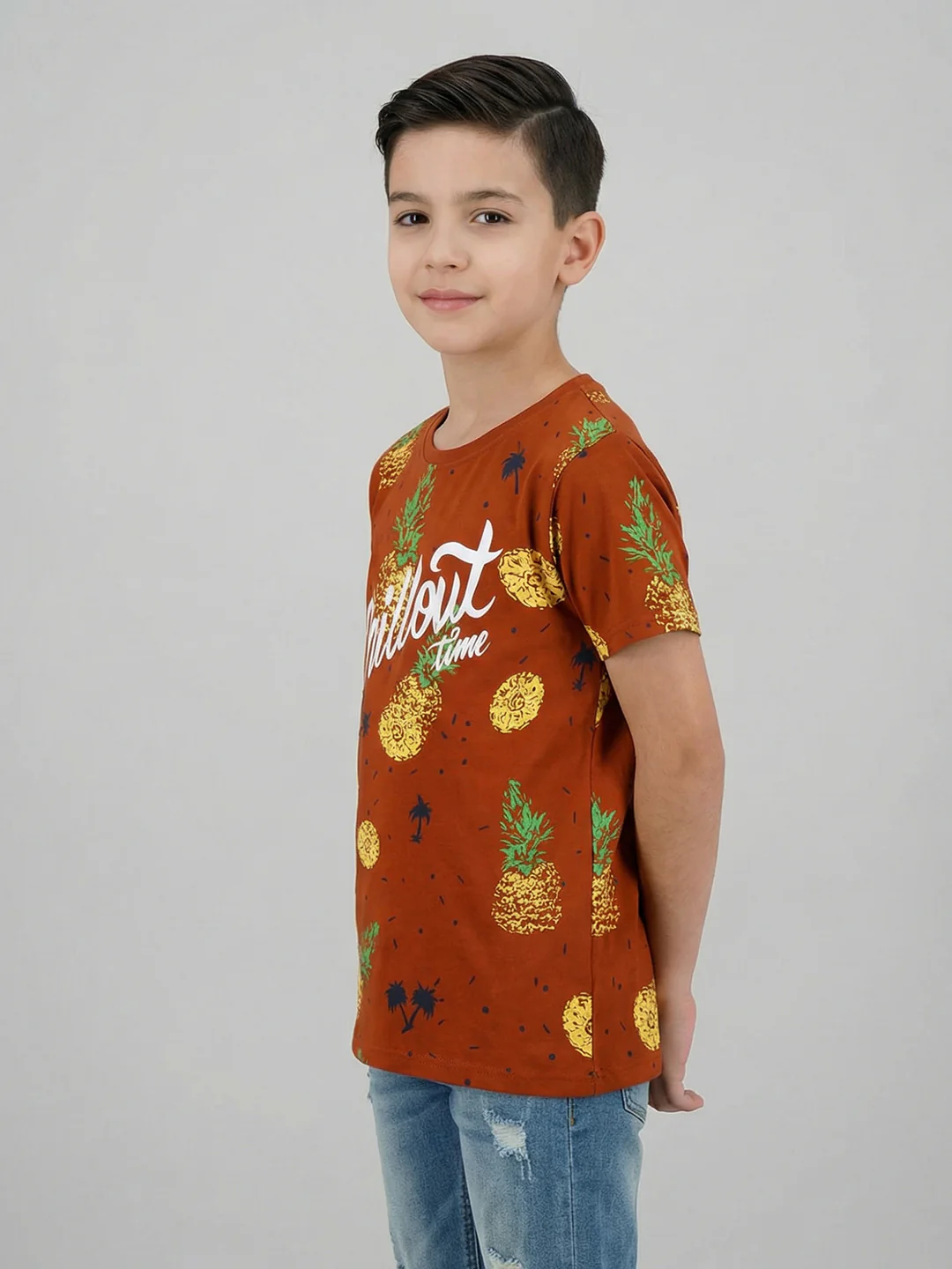Boys Tan Printed Round Neck Half Sleeve T-Shirt - Image 3