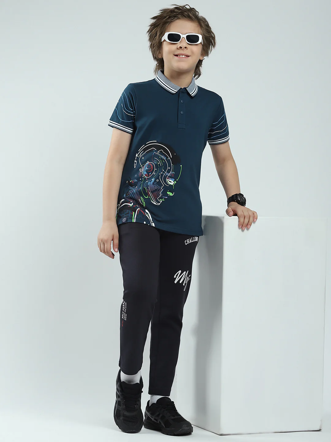 Boys Teal Blue Printed Collar Half Sleeve T-Shirt - Image 2