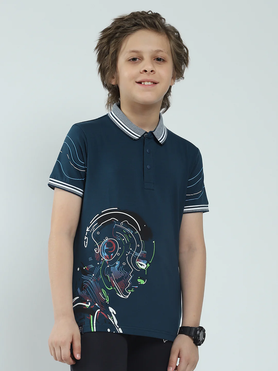 Boys Teal Blue Printed Collar Half Sleeve T-Shirt - Image 4