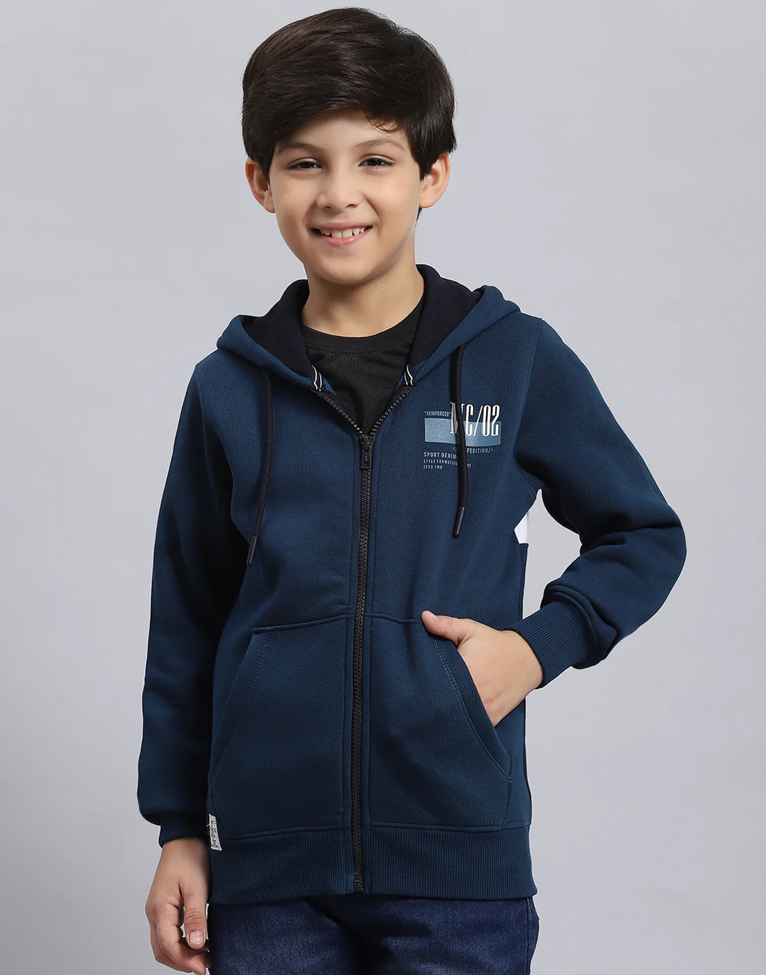 Boys Teal Blue Printed Hooded Full Sleeve Sweatshirt - Image 2