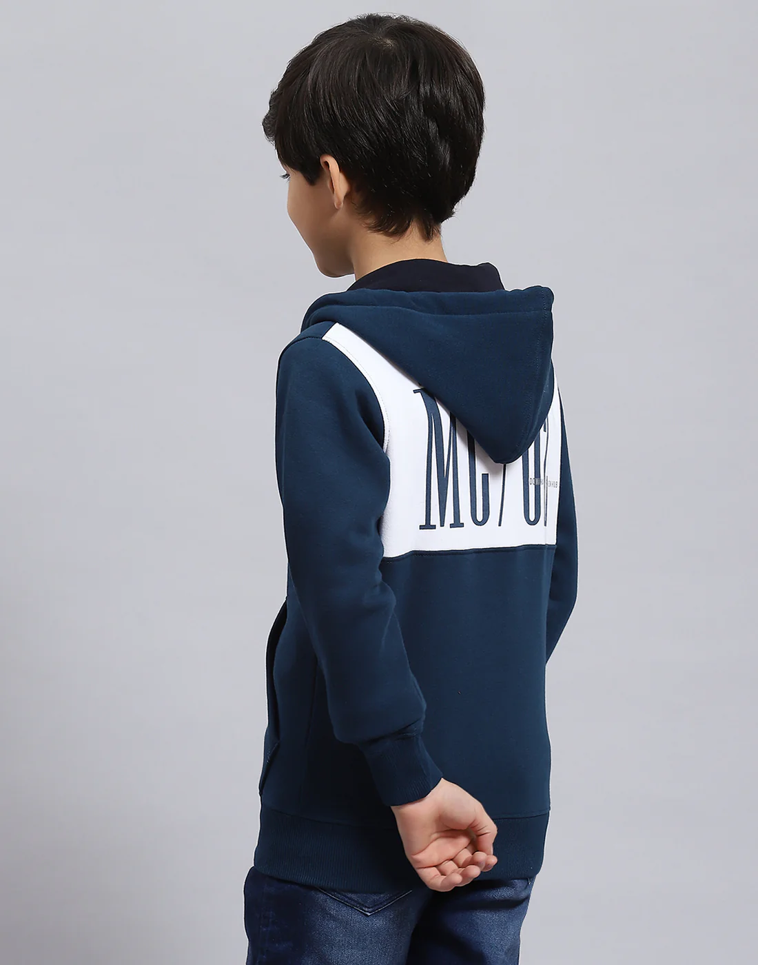 Boys Teal Blue Printed Hooded Full Sleeve Sweatshirt - Image 6