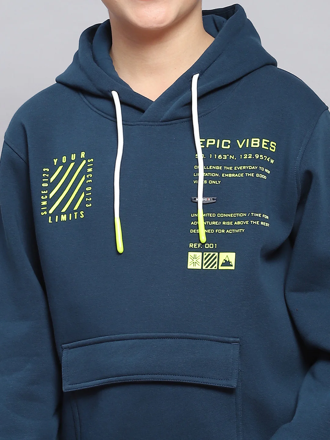 Boys Teal Blue Printed Hooded Full Sleeve Sweatshirt - Image 6
