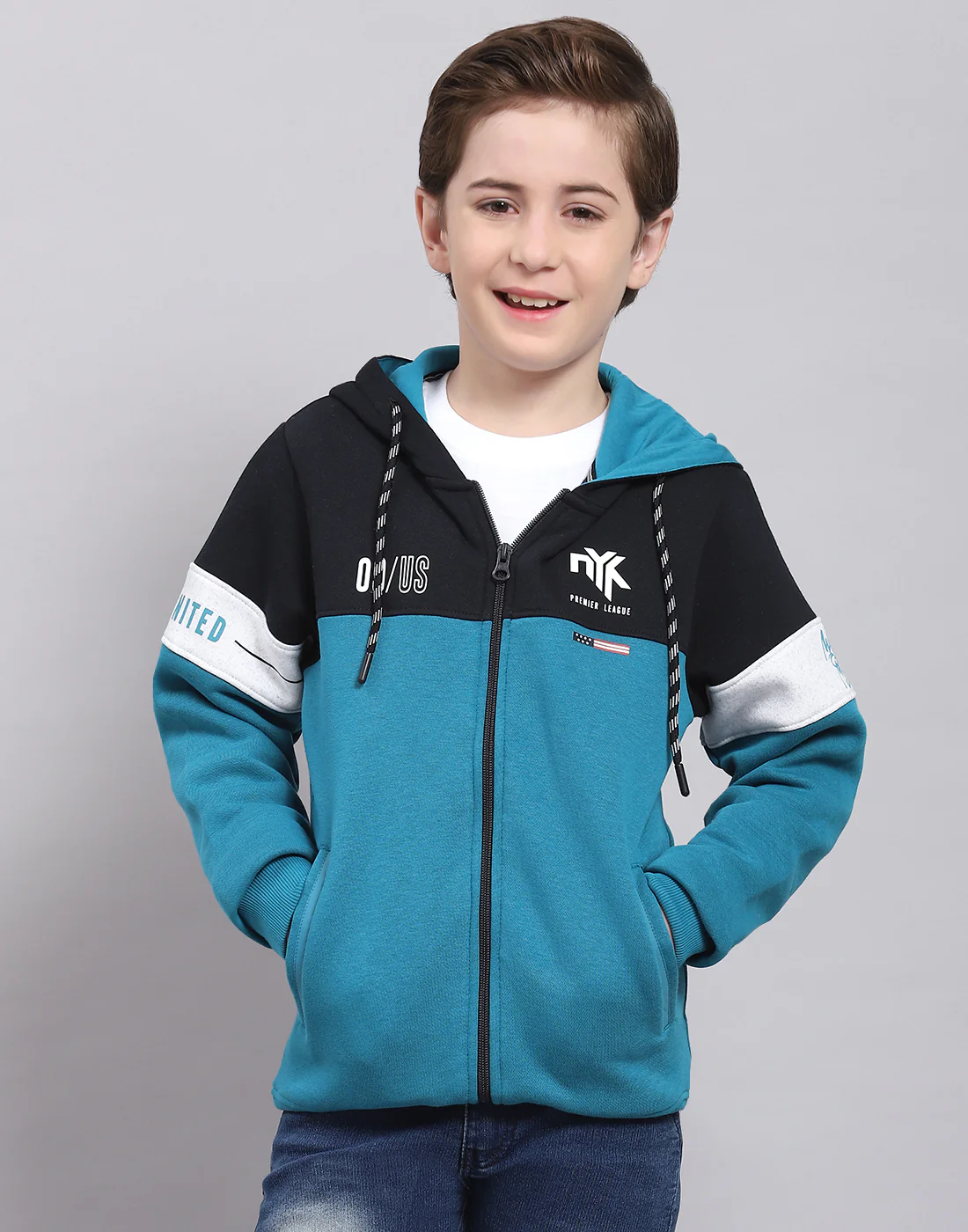Boys Teal Blue Printed Hooded Full Sleeve Sweatshirt - Image 2