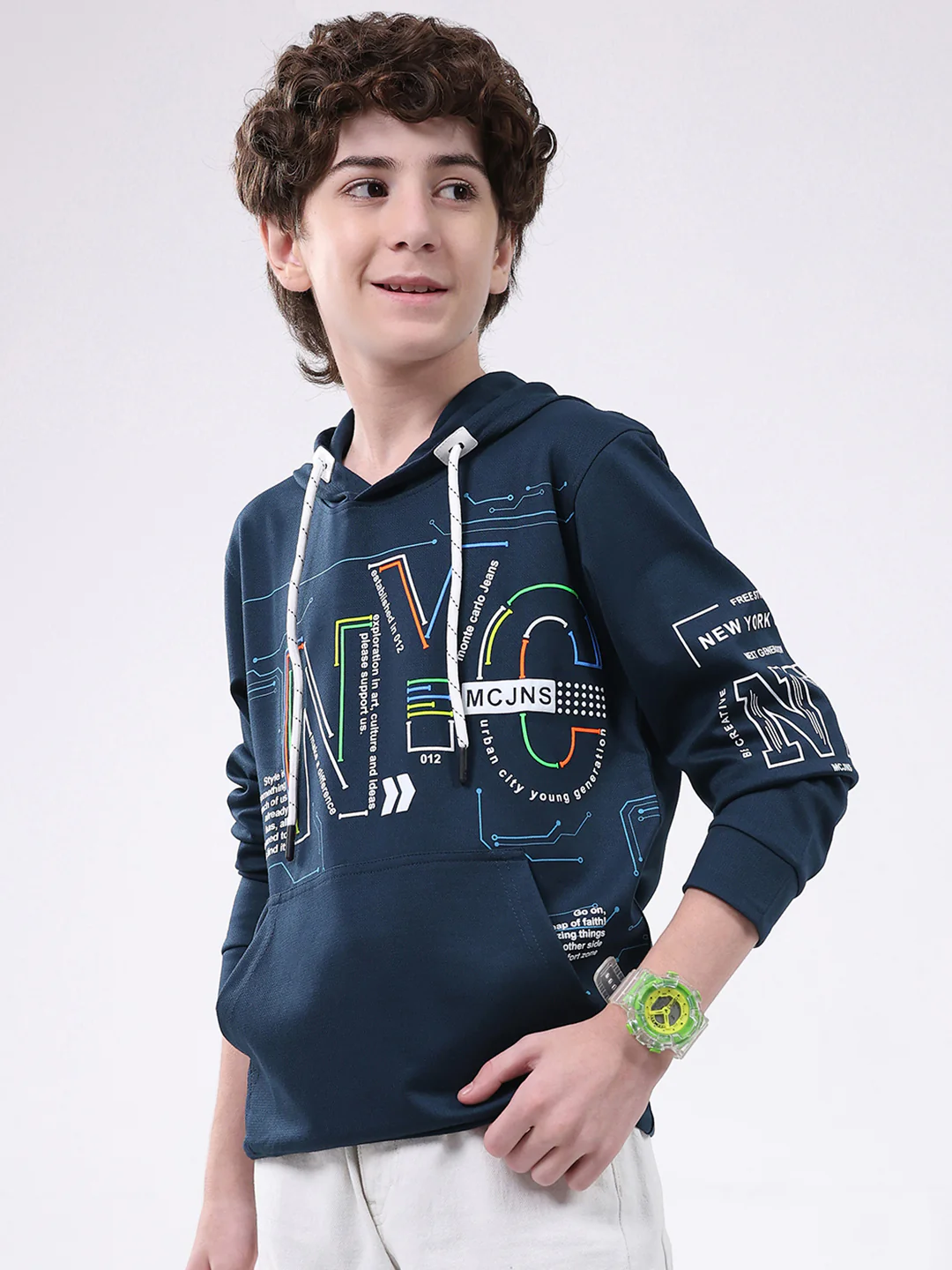 Boys Teal Blue Printed Hooded Full Sleeve Winter T-Shirt - Image 3