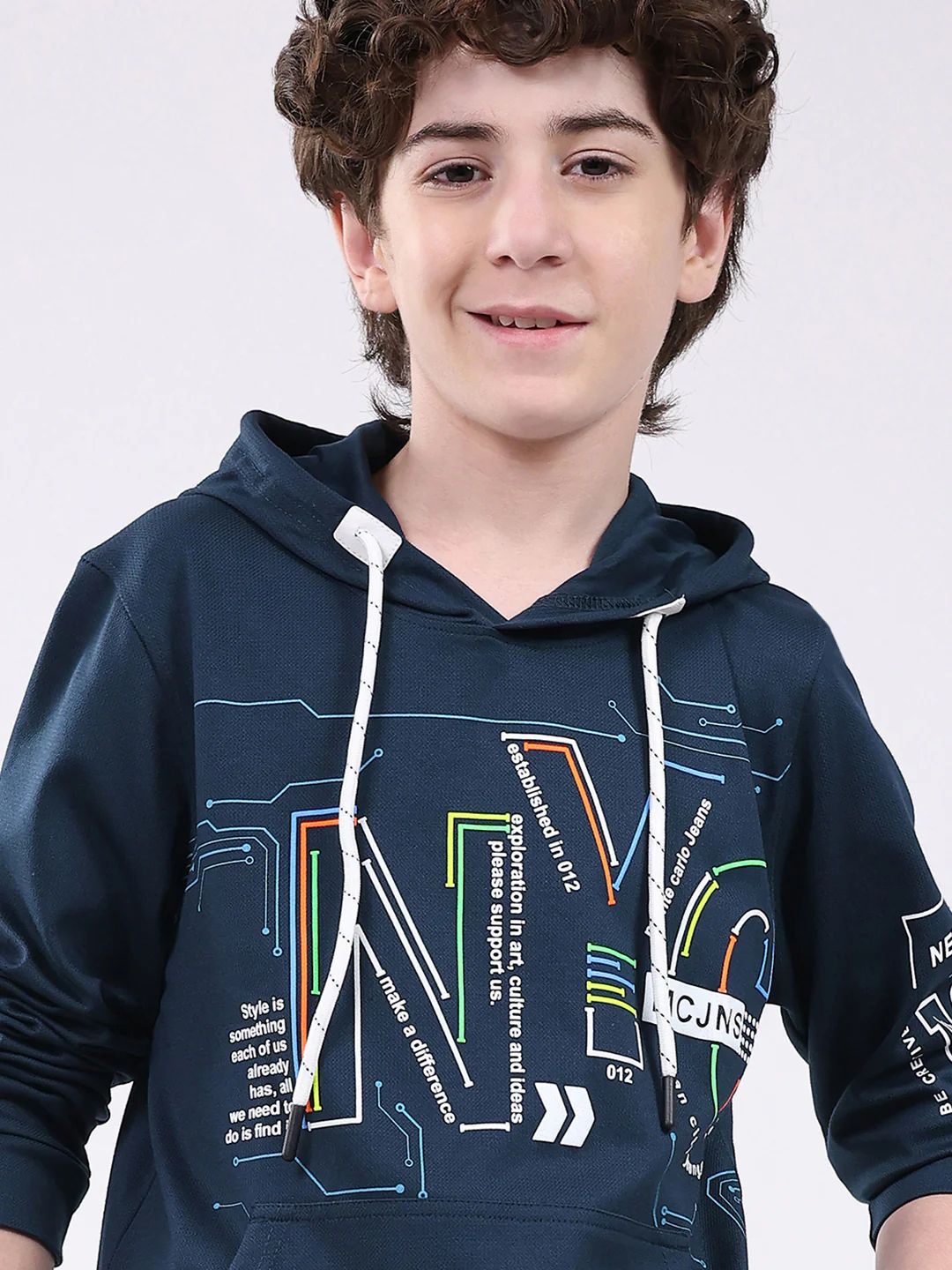Boys Teal Blue Printed Hooded Full Sleeve Winter T-Shirt - Image 6