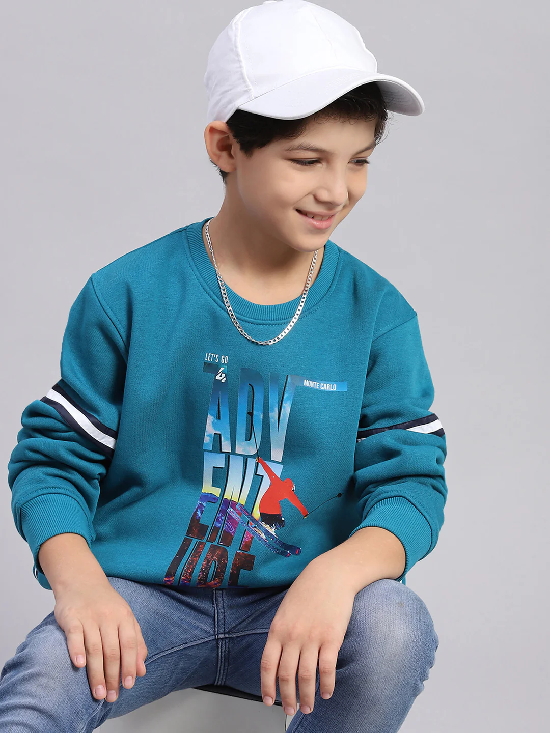 Boys Teal Blue Printed Round Neck Full Sleeve Sweatshirt - Image 2