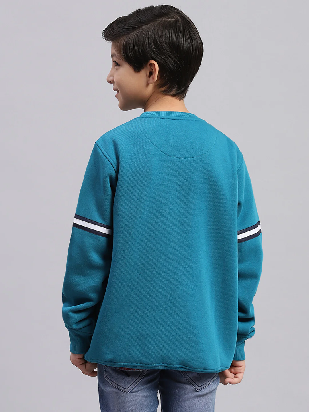 Boys Teal Blue Printed Round Neck Full Sleeve Sweatshirt - Image 5