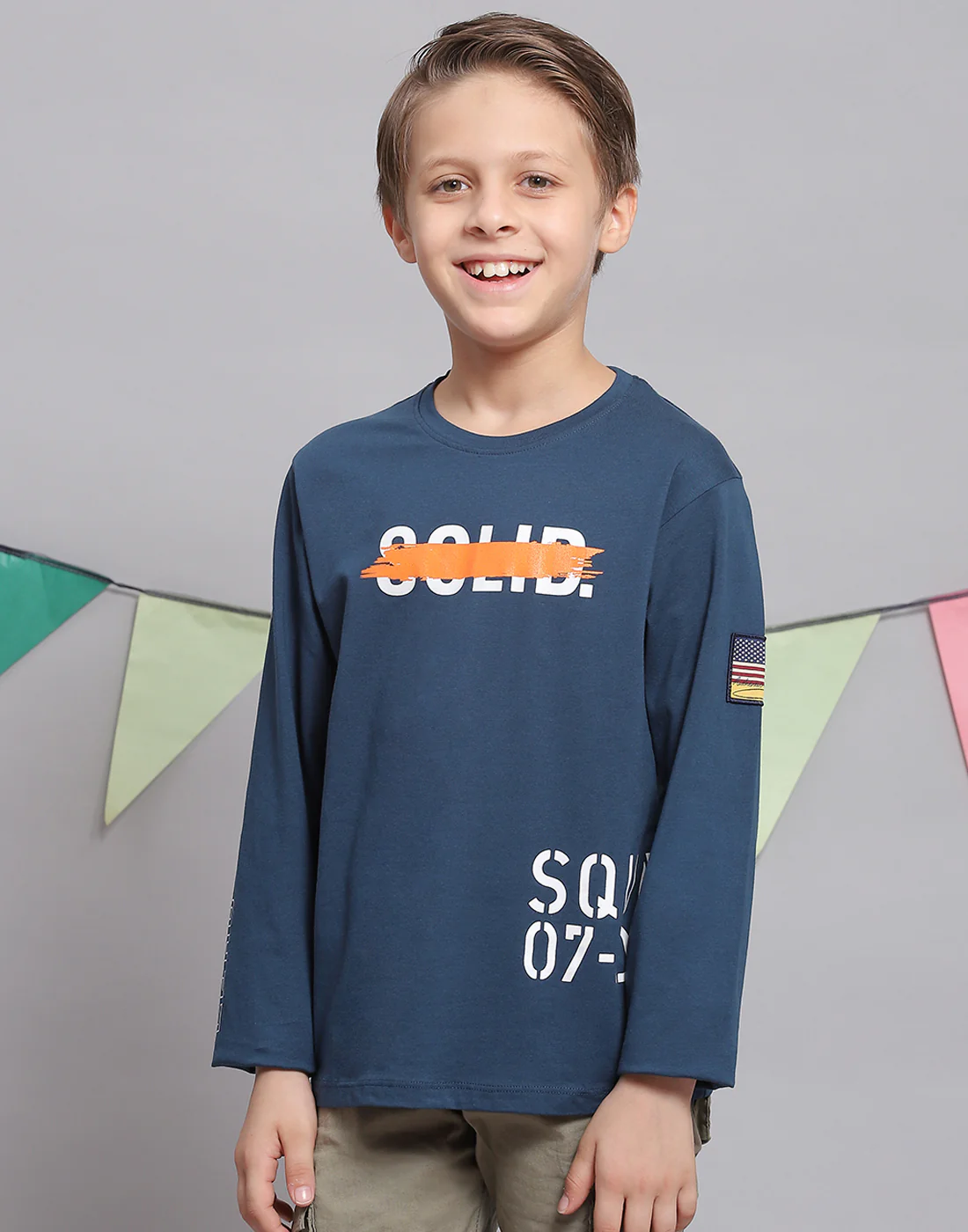 Boys Teal Blue Printed Round Neck Full Sleeve T-Shirts - Image 3