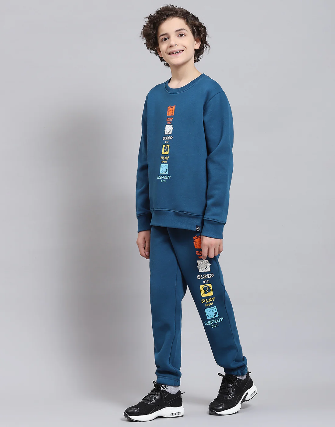Boys Teal Blue Printed Round Neck Full Sleeve Tracksuits - Image 3