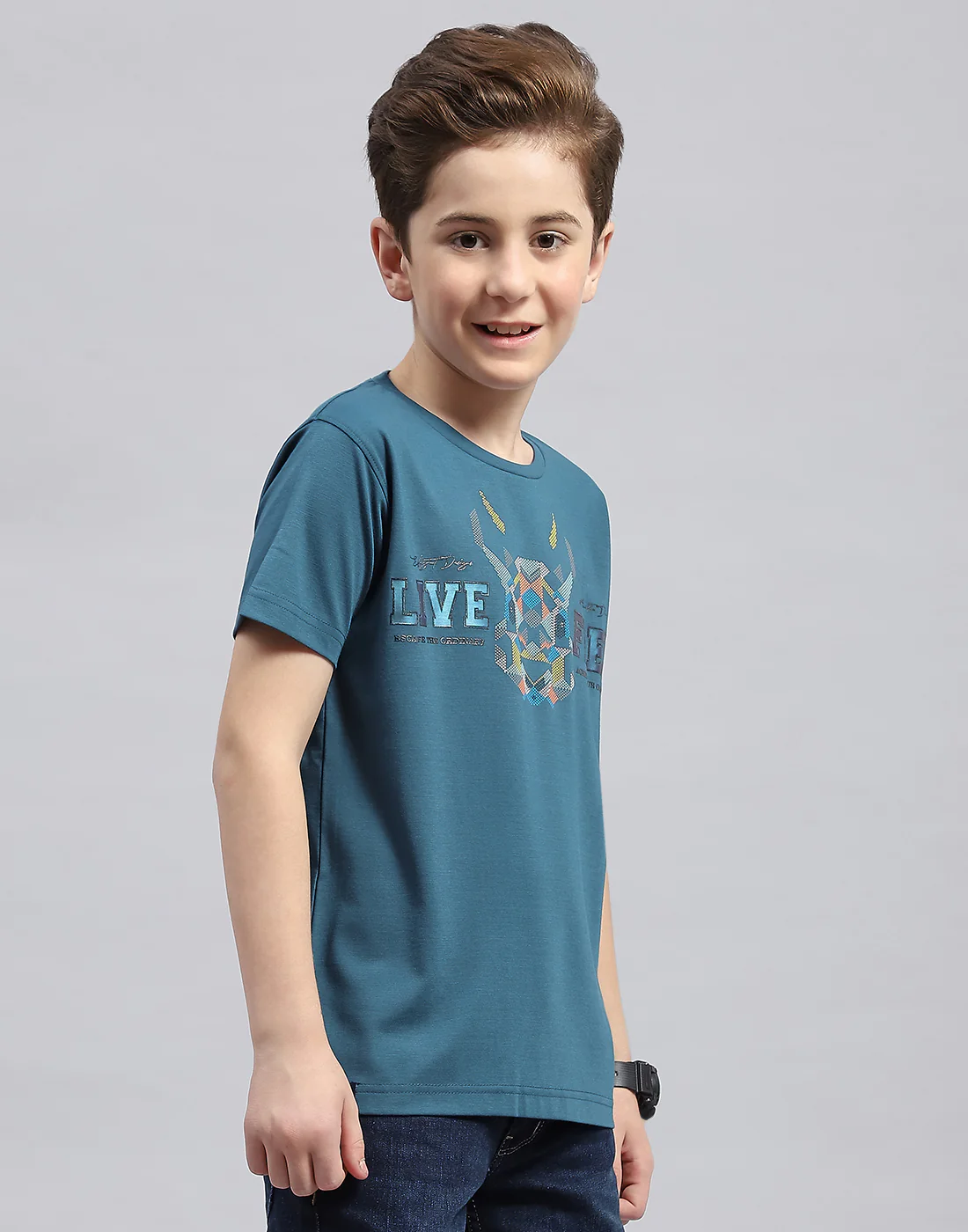 Boys Teal Blue Printed Round Neck Half Sleeve T-Shirt - Image 4