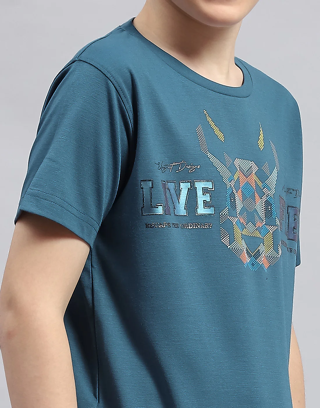 Boys Teal Blue Printed Round Neck Half Sleeve T-Shirt - Image 6