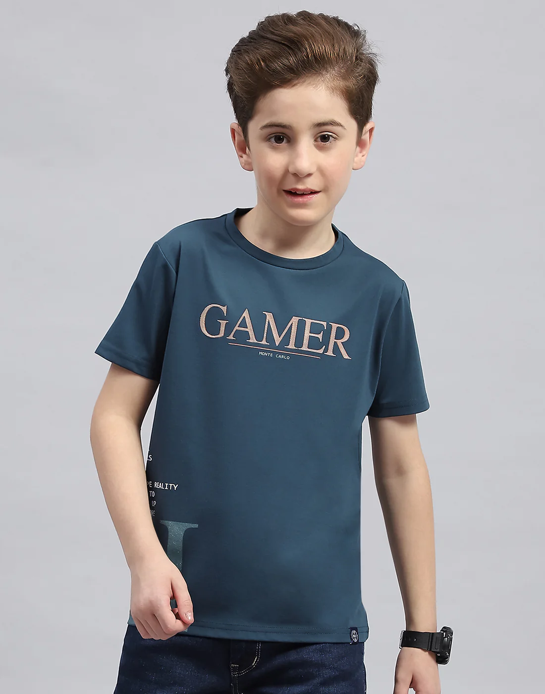 Boys Teal Blue Printed Round Neck Half Sleeve T-Shirt - Image 2