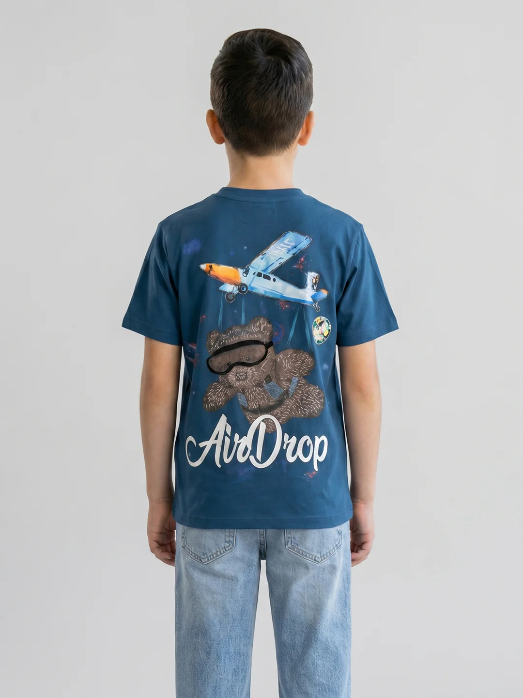 Boys Teal Blue Printed Round Neck Half Sleeve T-Shirt - Image 4