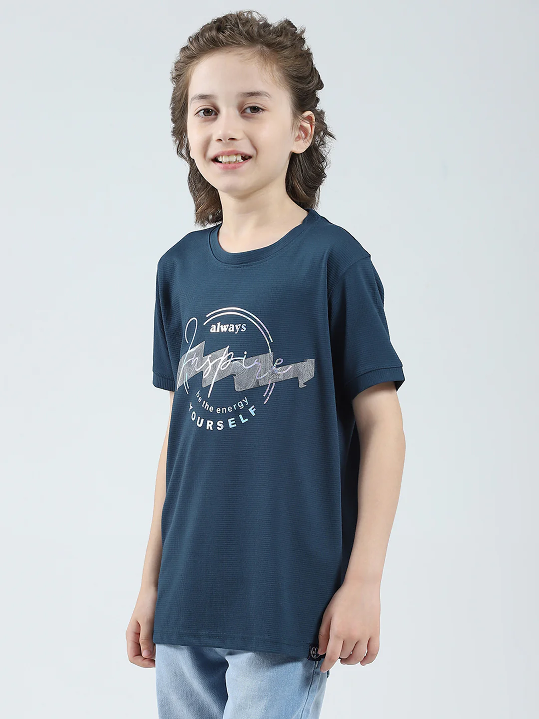 Boys Teal Blue Printed Round Neck Half Sleeve T-Shirt - Image 3