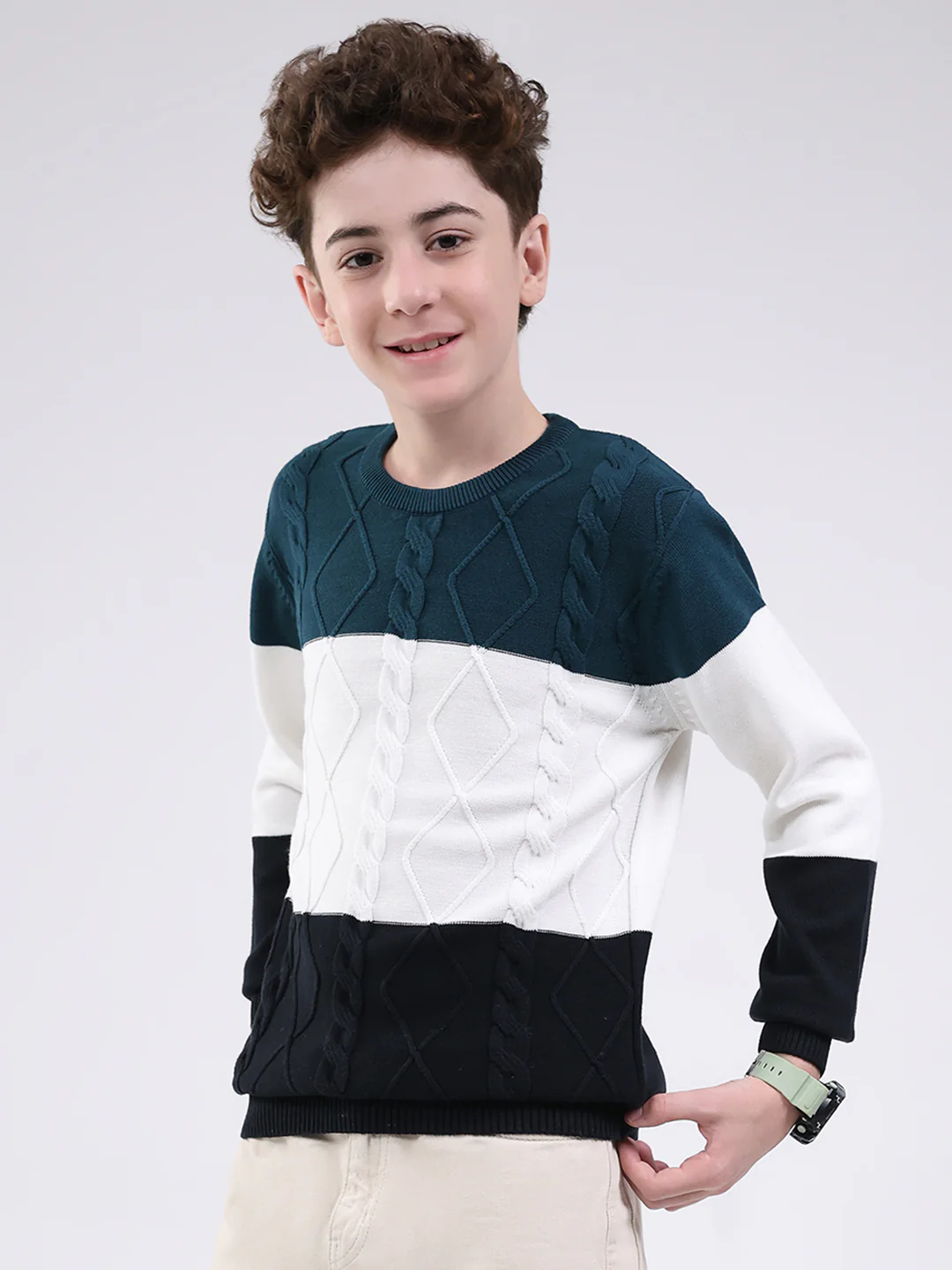Boys Teal Blue Self Design Round Neck Full Sleeve Pullover - Image 3