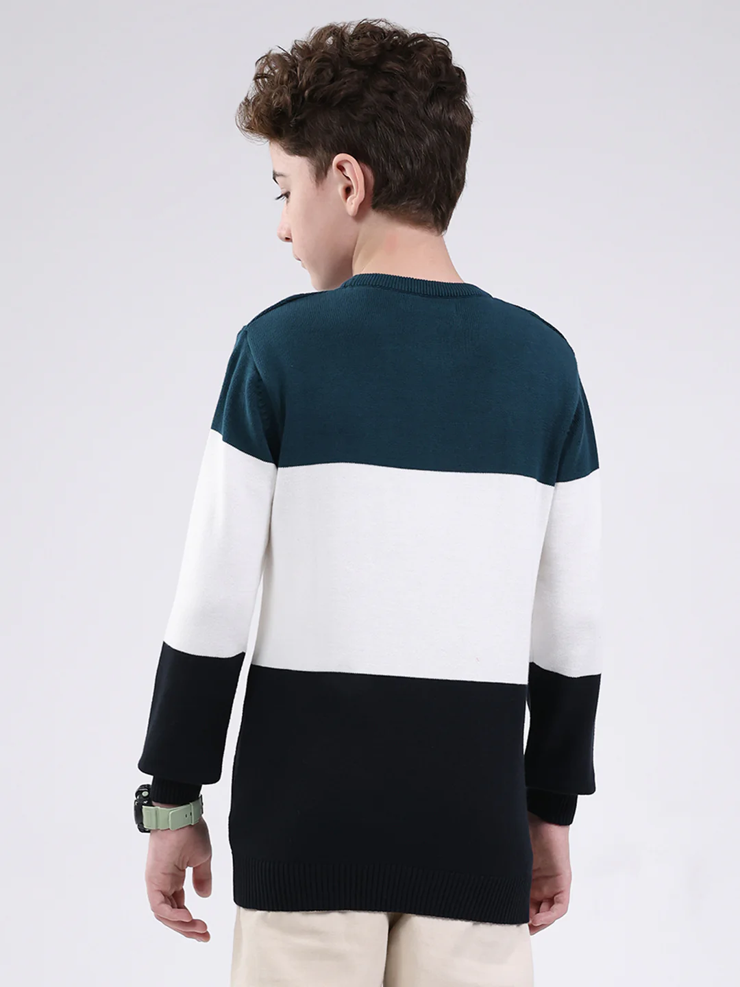 Boys Teal Blue Self Design Round Neck Full Sleeve Pullover - Image 5