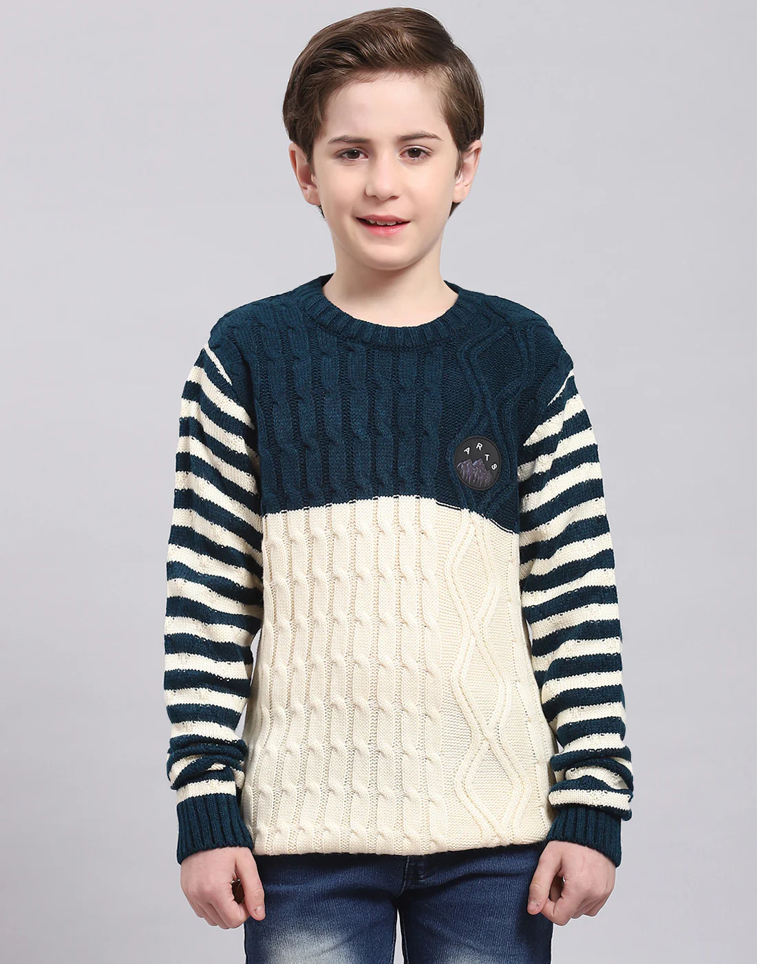 Boys Teal Blue Self Design Round Neck Full Sleeve Sweater - Image 2