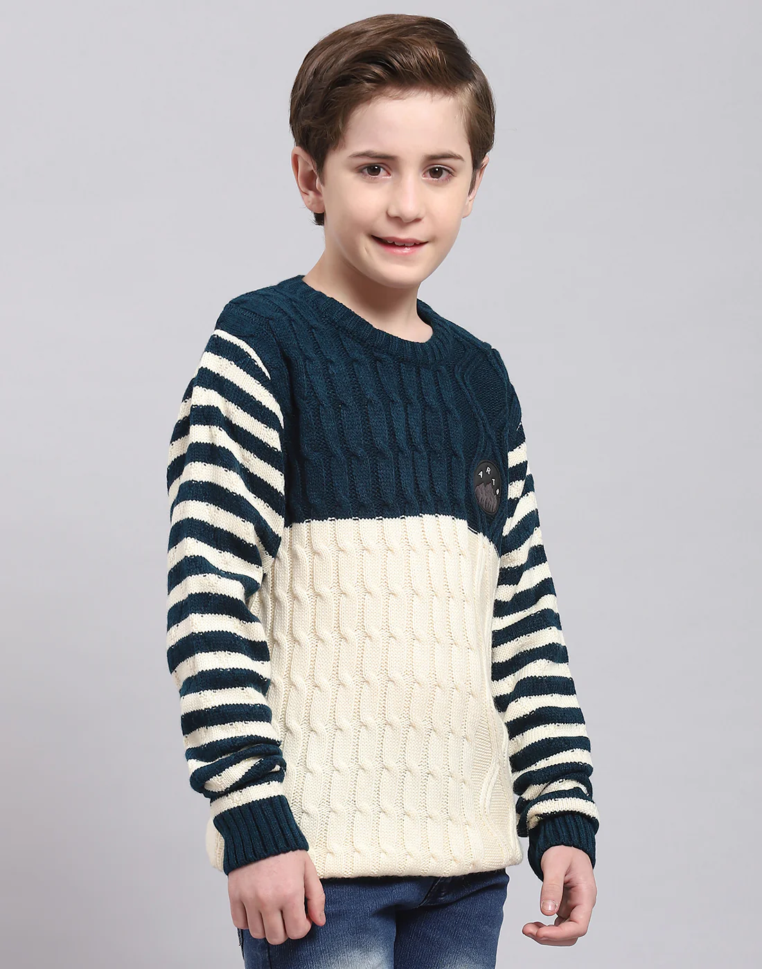 Boys Teal Blue Self Design Round Neck Full Sleeve Sweater - Image 4