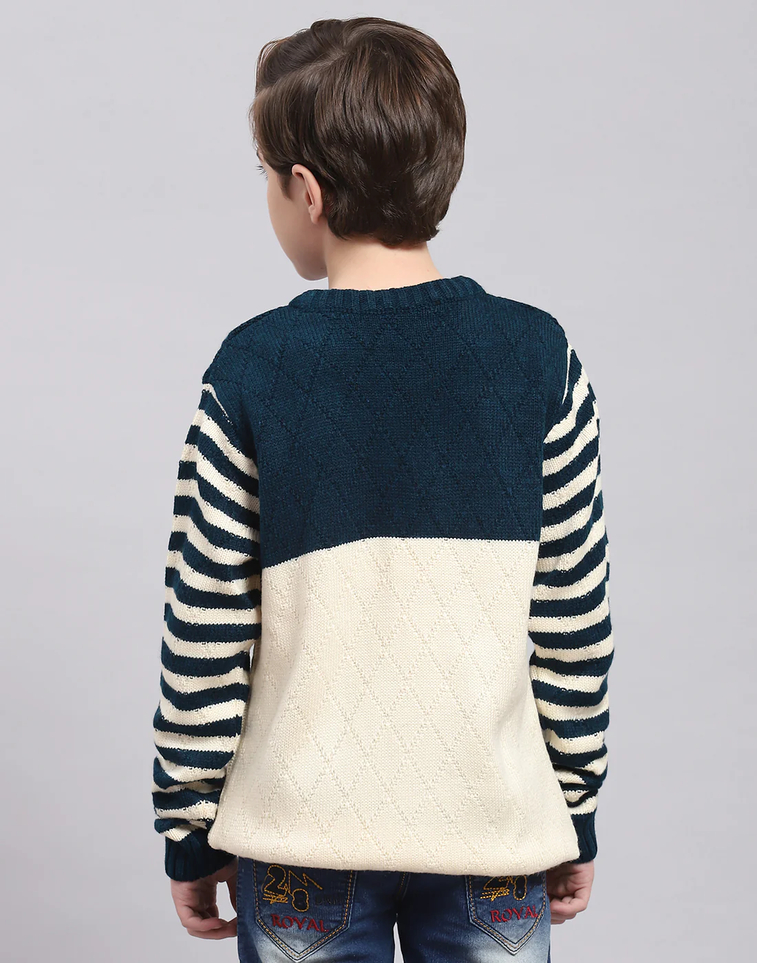 Boys Teal Blue Self Design Round Neck Full Sleeve Sweater - Image 6