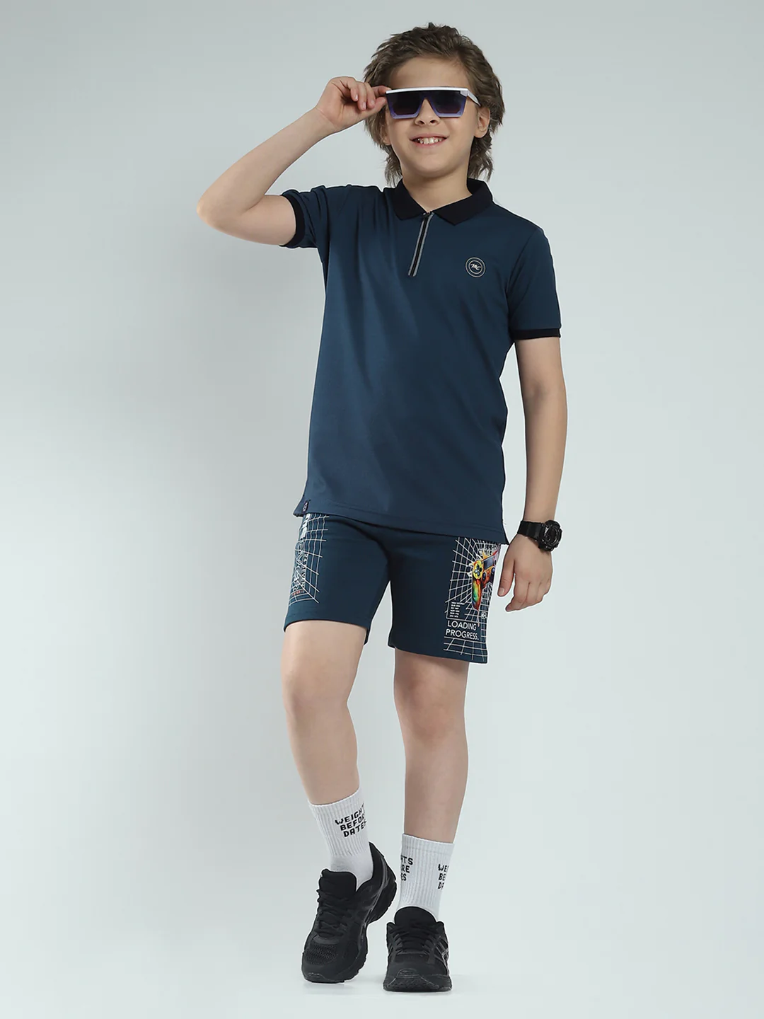 Boys Teal Blue Solid Collar Half Sleeve T-Shirt - Image 2