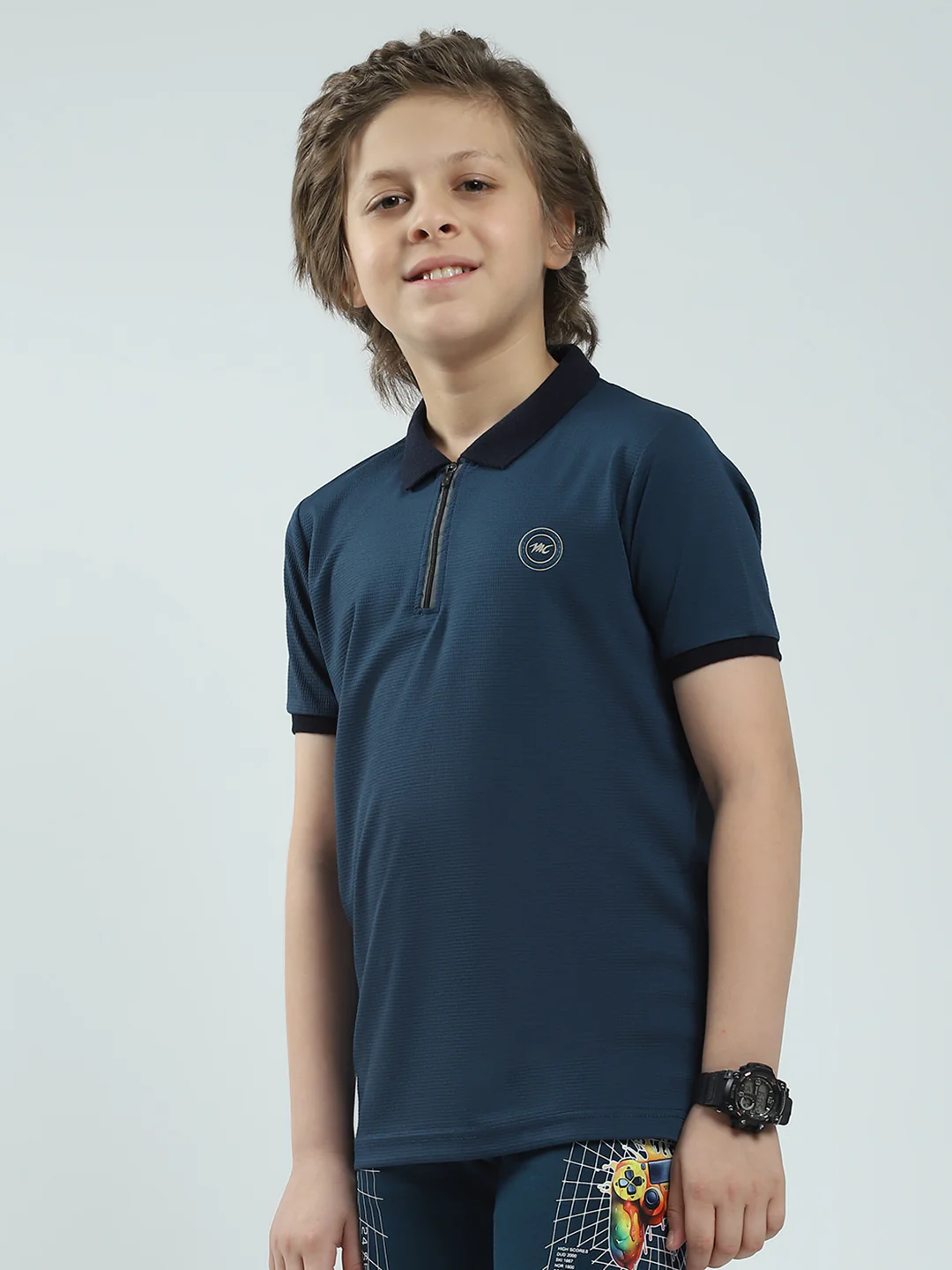 Boys Teal Blue Solid Collar Half Sleeve T-Shirt - Image 3