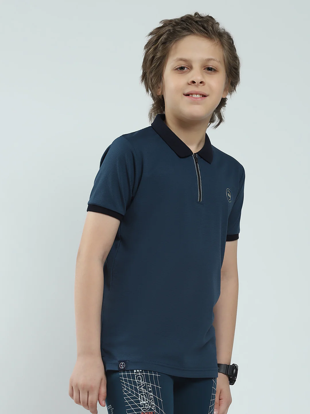 Boys Teal Blue Solid Collar Half Sleeve T-Shirt - Image 4