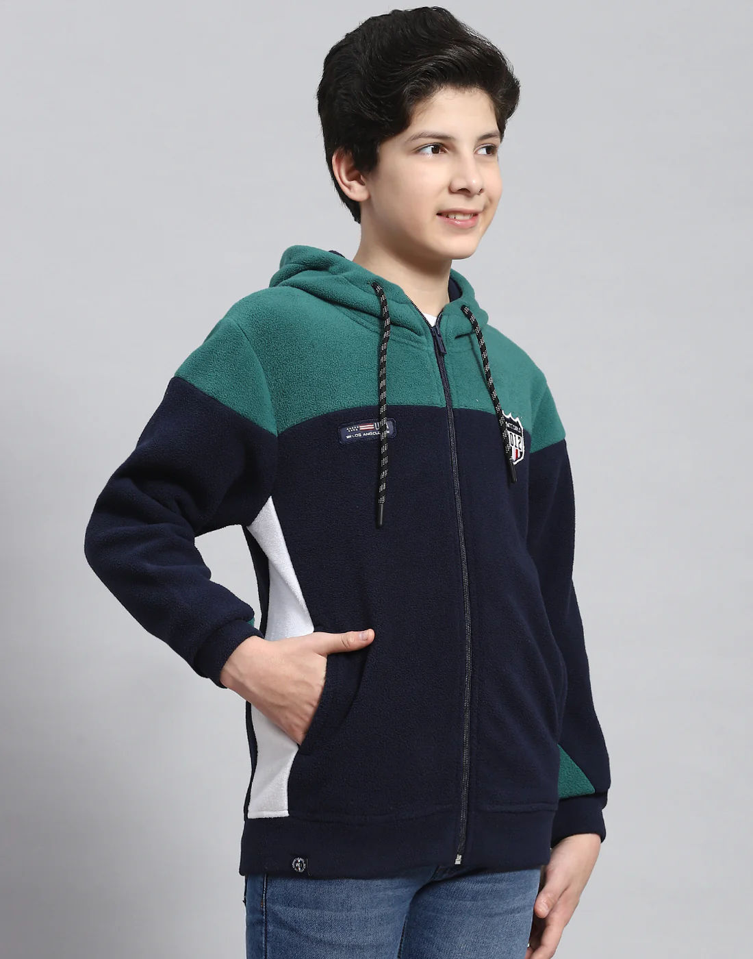 Boys Teal Blue Solid Hooded Full Sleeve Sweatshirt - Image 4