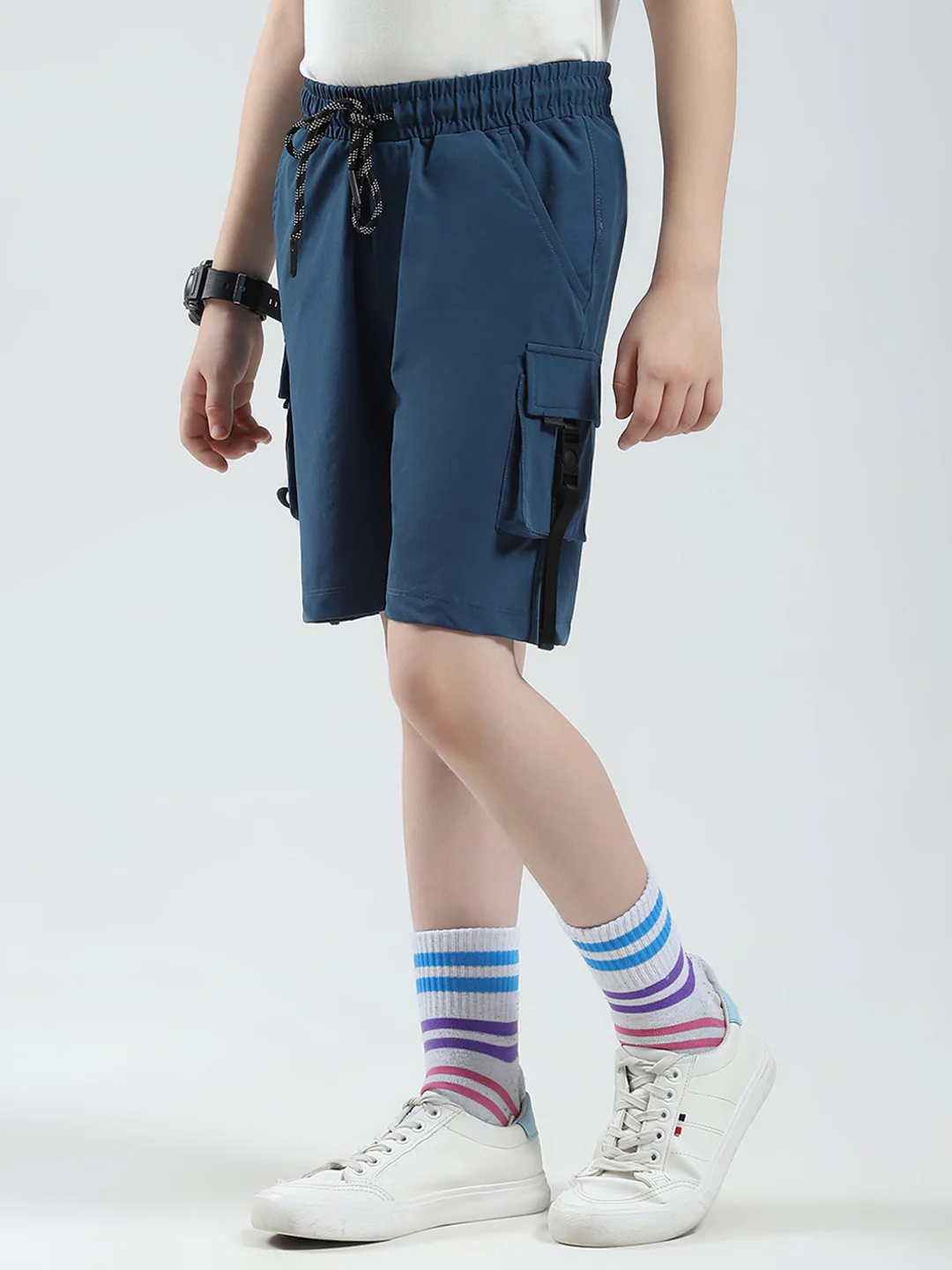 Boys Teal Blue Solid Regular Fit Bermuda - Image 3