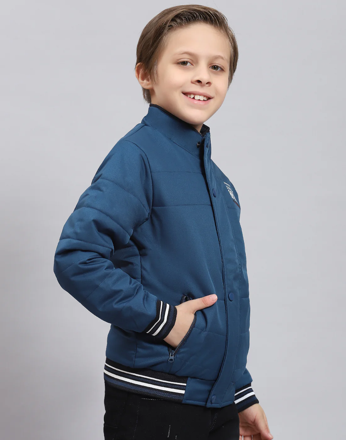 Boys Teal Blue Solid Stand Collar Full Sleeve Boys Jacket - Image 4