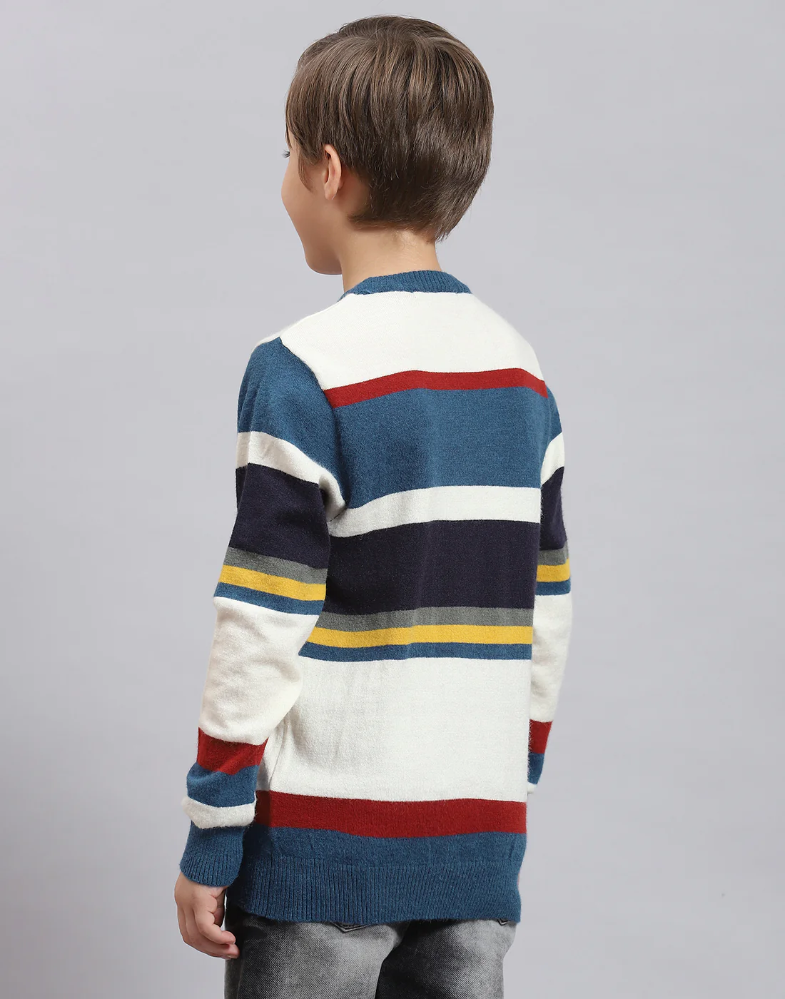 Boys Teal Blue Stripe Round Neck Full Sleeve Sweater - Image 6