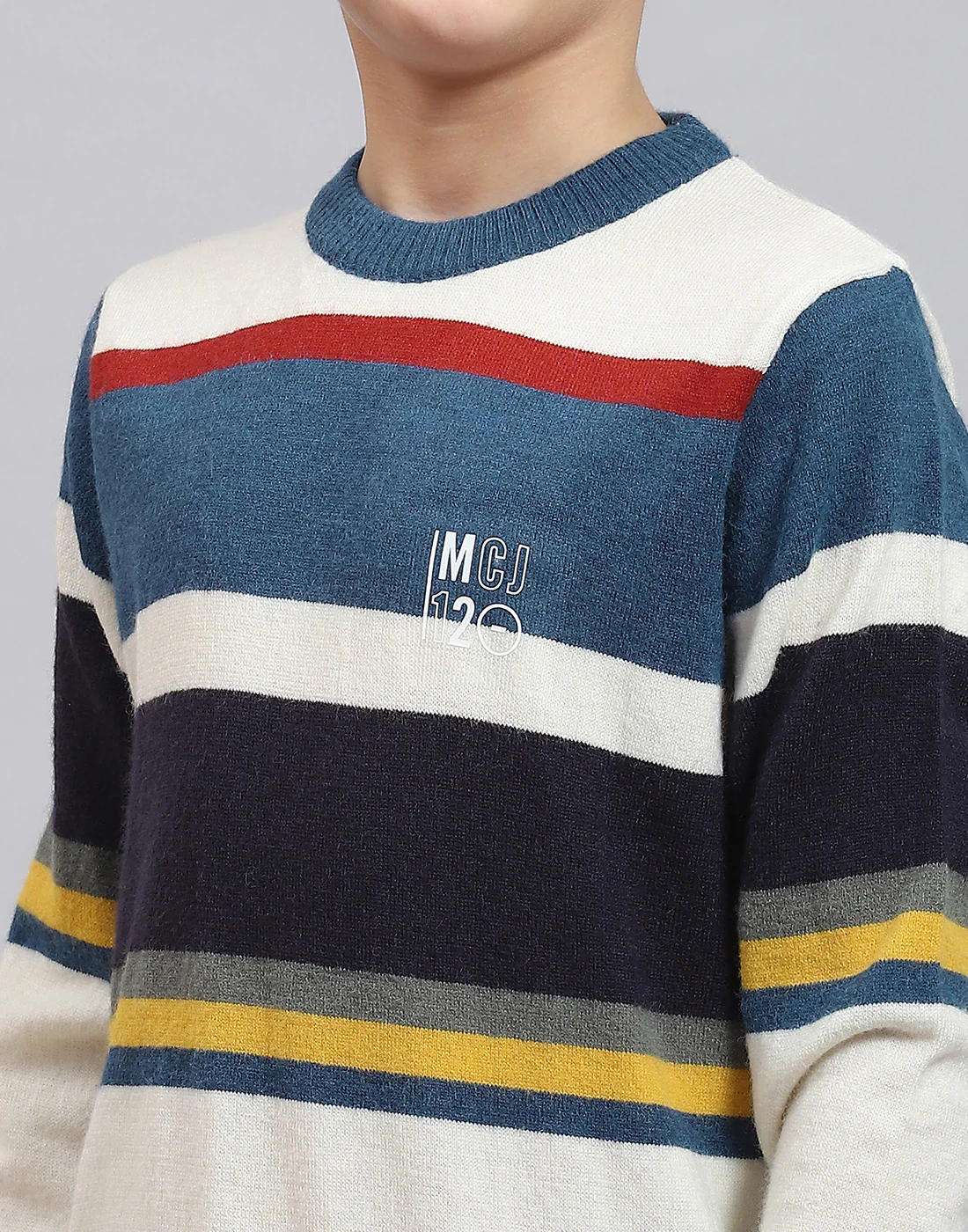 Boys Teal Blue Stripe Round Neck Full Sleeve Sweater - Image 7