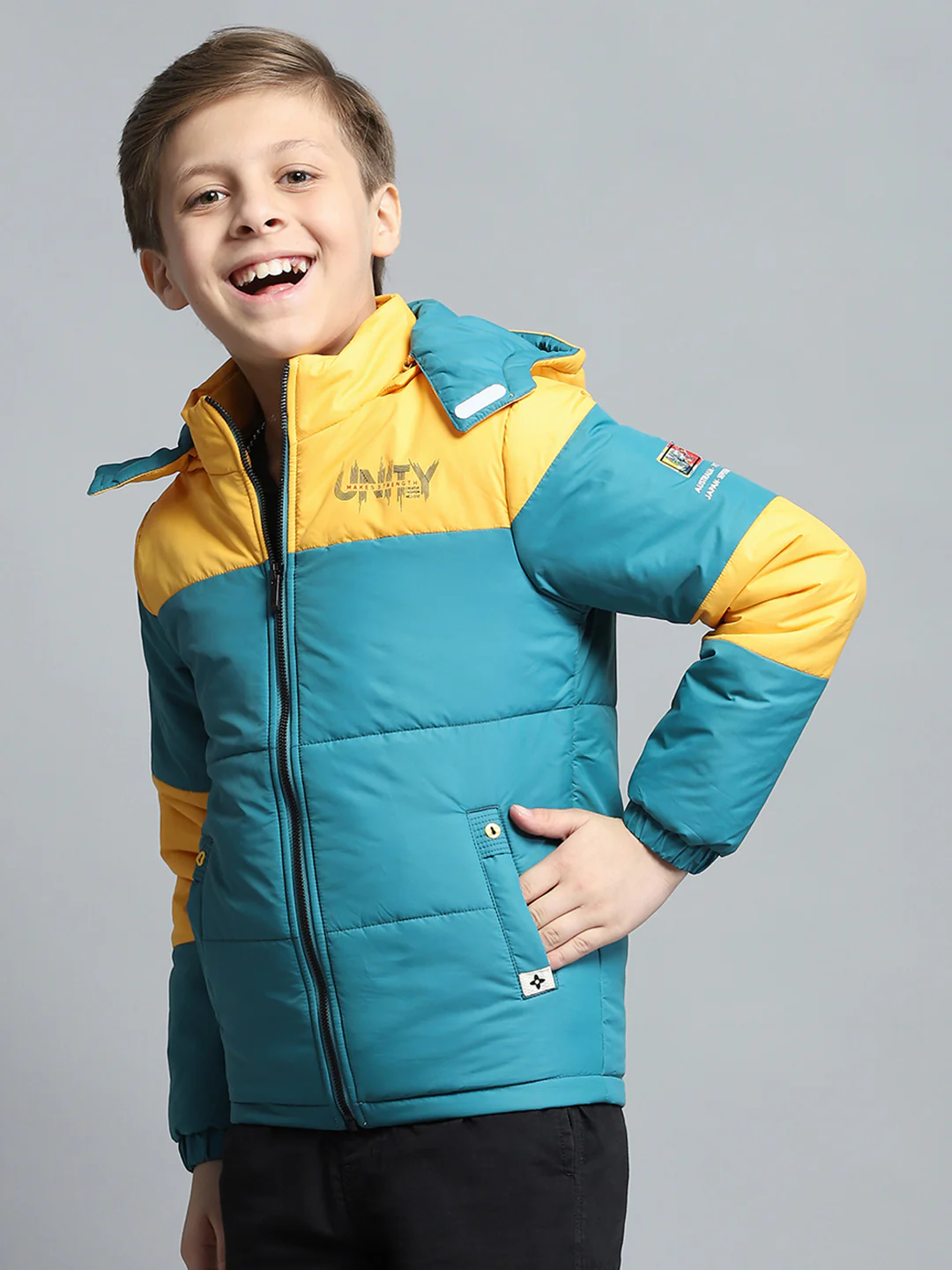 Boys Teal Blue & Yellow Printed Detachable Hood Full Sleeve Jacket - Image 3