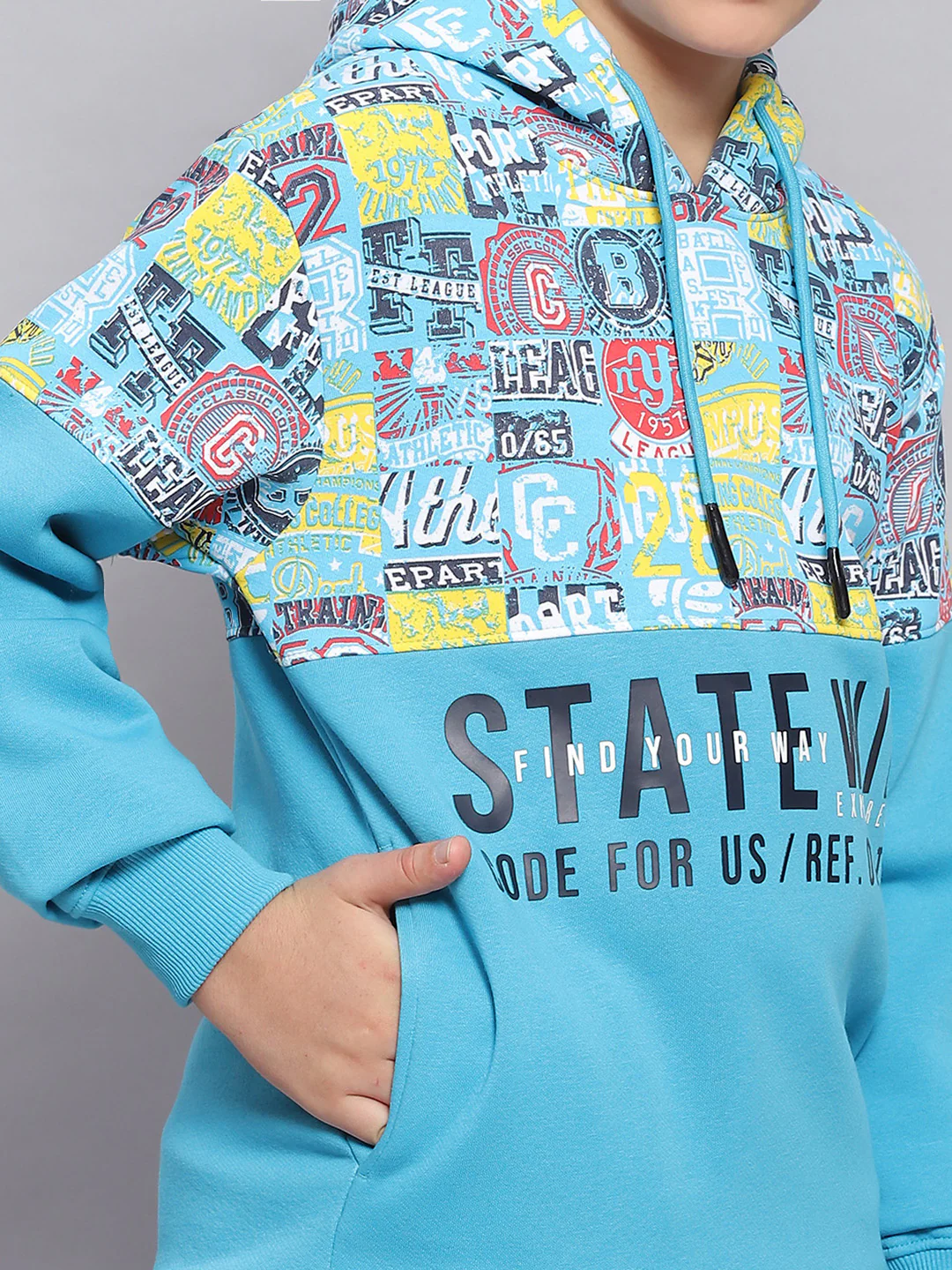 Boys Turquoise Blue Printed Hooded Full Sleeve Sweatshirt - Image 6