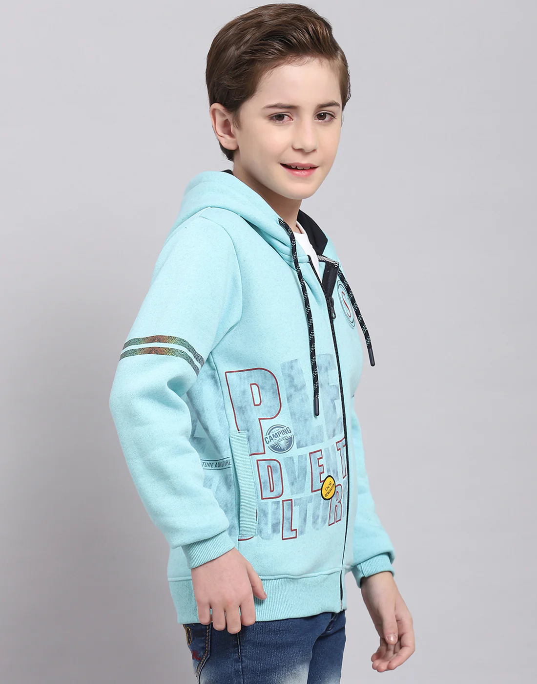Boys Turquoise Blue Printed Hooded Full Sleeve Sweatshirt - Image 4