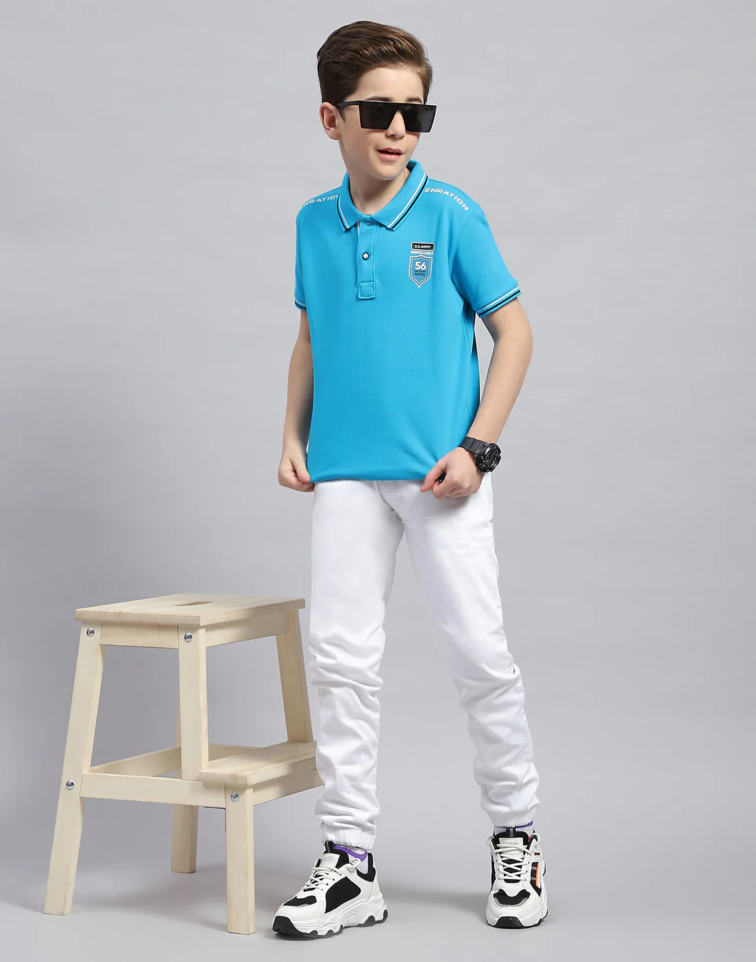 Boys Turquoise Blue Printed Polo Collar Half Sleeve T-Shirt - Image 2