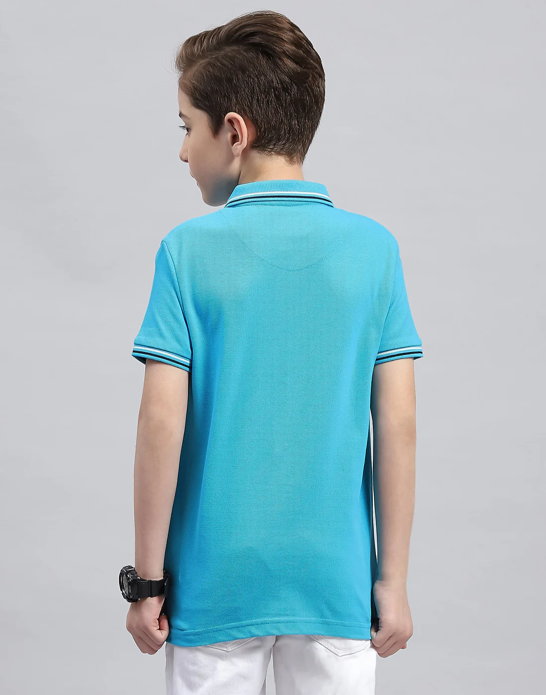 Boys Turquoise Blue Printed Polo Collar Half Sleeve T-Shirt - Image 5