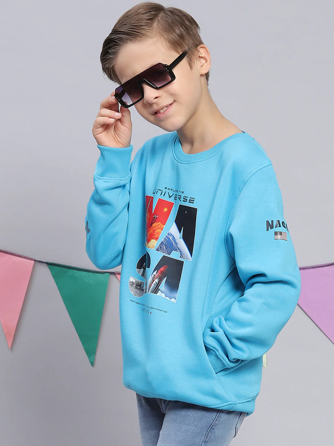Boys Turquoise Blue Printed Round Neck Full Sleeve Sweatshirt - Image 3