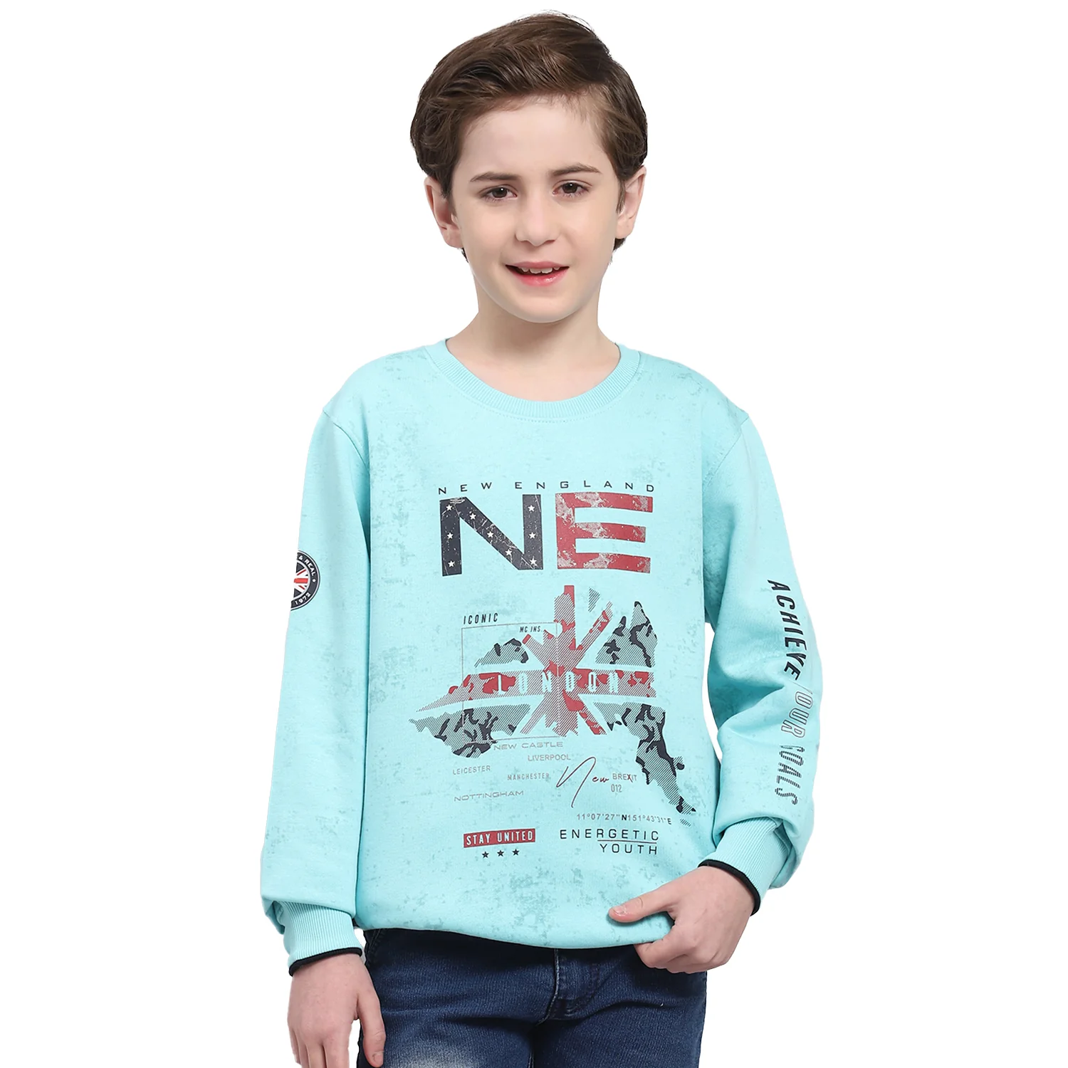 Boys Turquoise Blue Printed Round Neck Full Sleeve Sweatshirt - Image 5