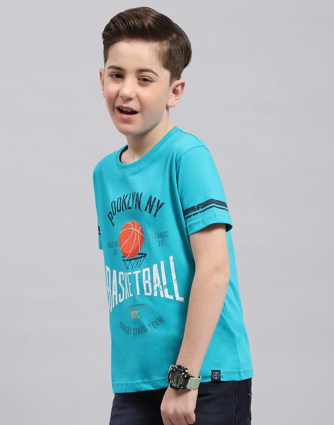 Boys Turquoise Blue Printed Round Neck Half Sleeve T-Shirt - Image 3