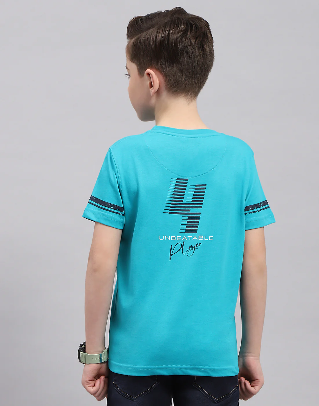 Boys Turquoise Blue Printed Round Neck Half Sleeve T-Shirt - Image 5