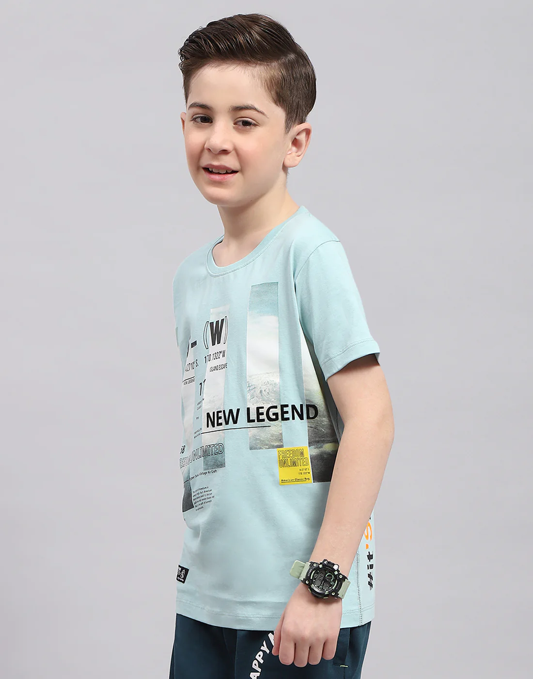 Boys Turquoise Blue Printed Round Neck Half Sleeve T-Shirt - Image 3