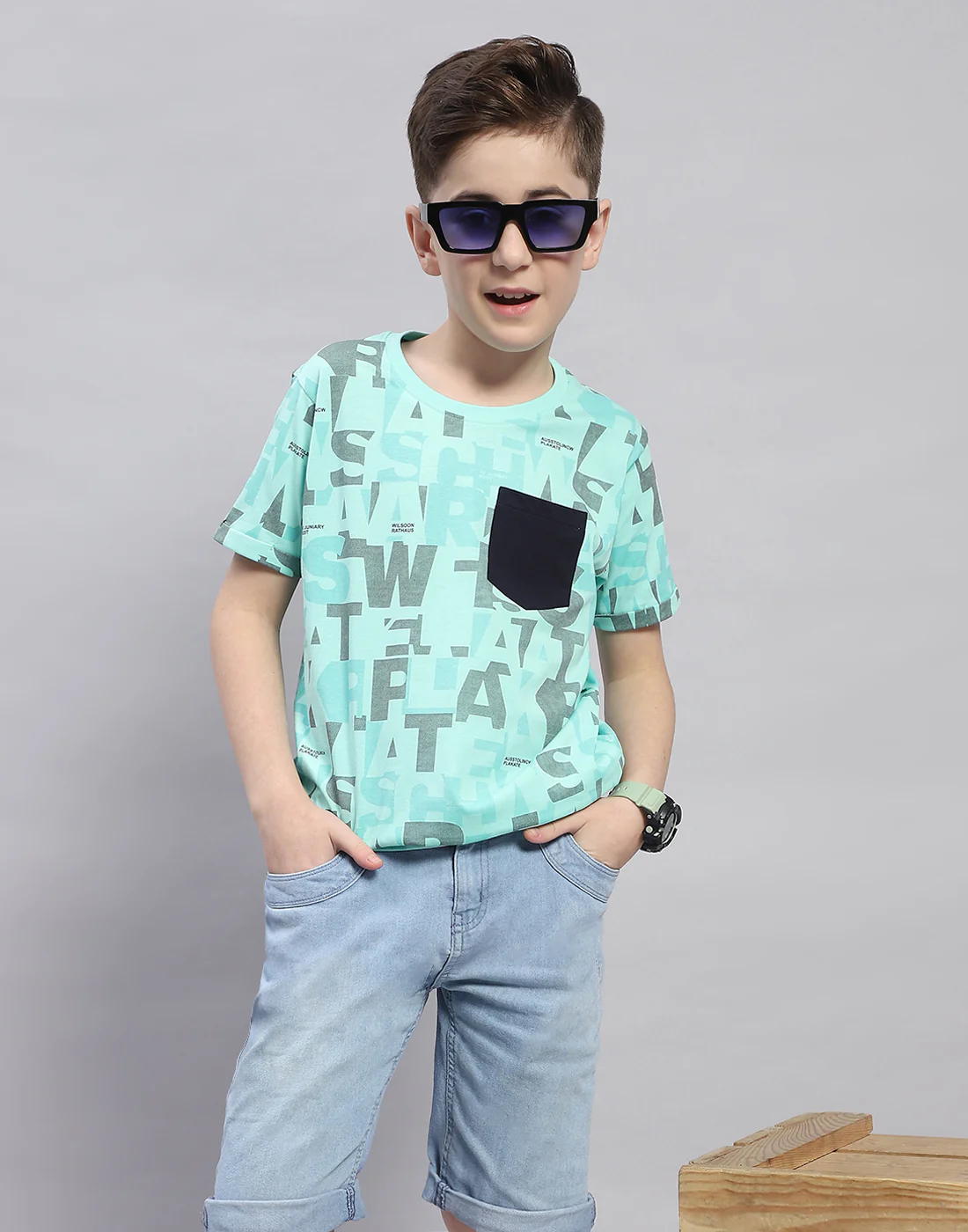 Boys Turquoise Blue Printed Round Neck Half Sleeve T-Shirt - Image 6