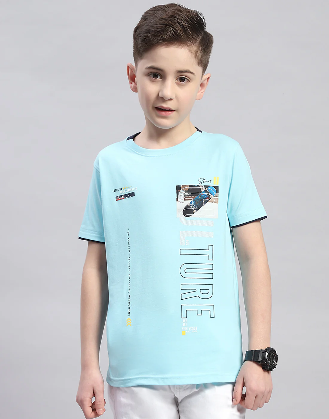 Boys Turquoise Blue Printed Round Neck Half Sleeve T-Shirt - Image 2