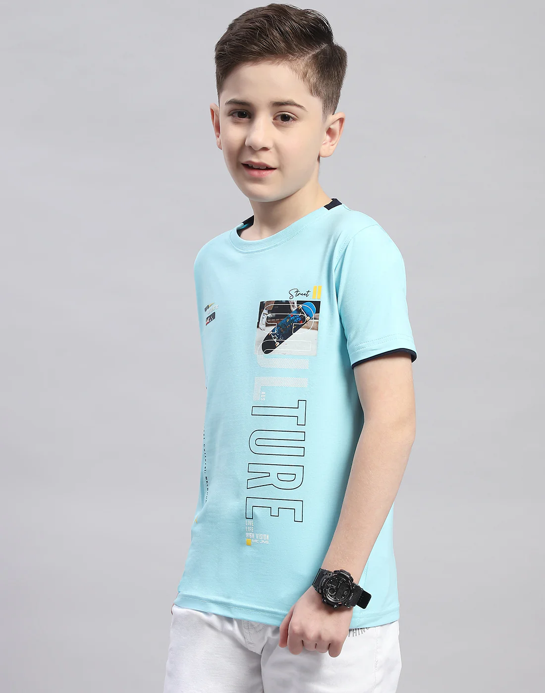Boys Turquoise Blue Printed Round Neck Half Sleeve T-Shirt - Image 3