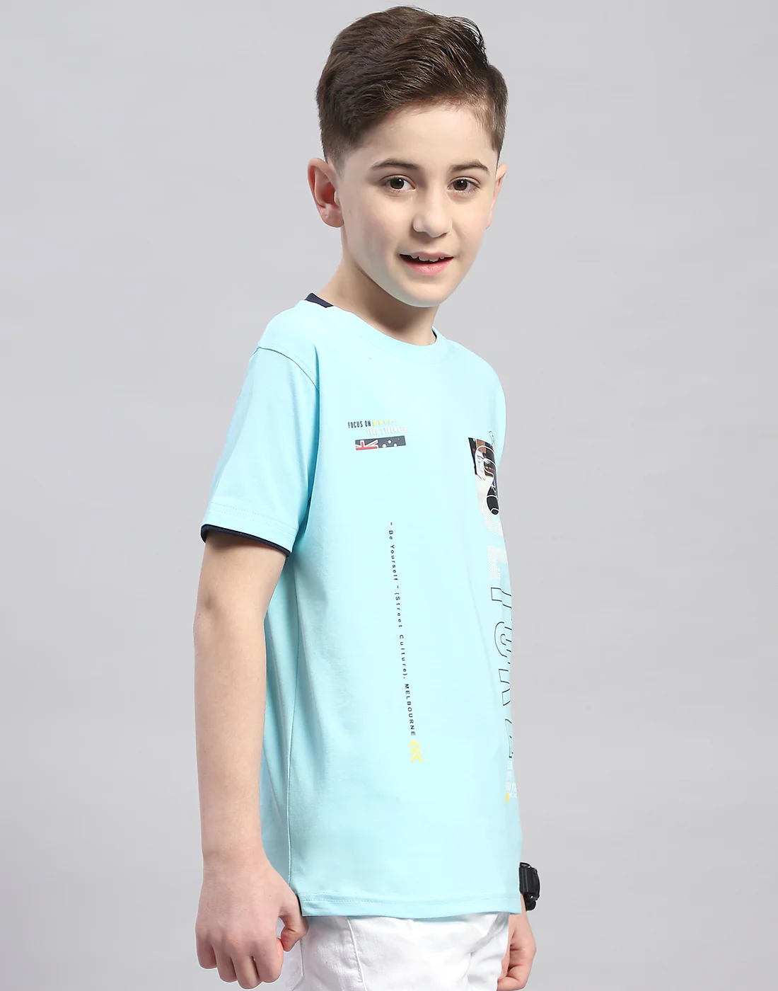 Boys Turquoise Blue Printed Round Neck Half Sleeve T-Shirt - Image 4