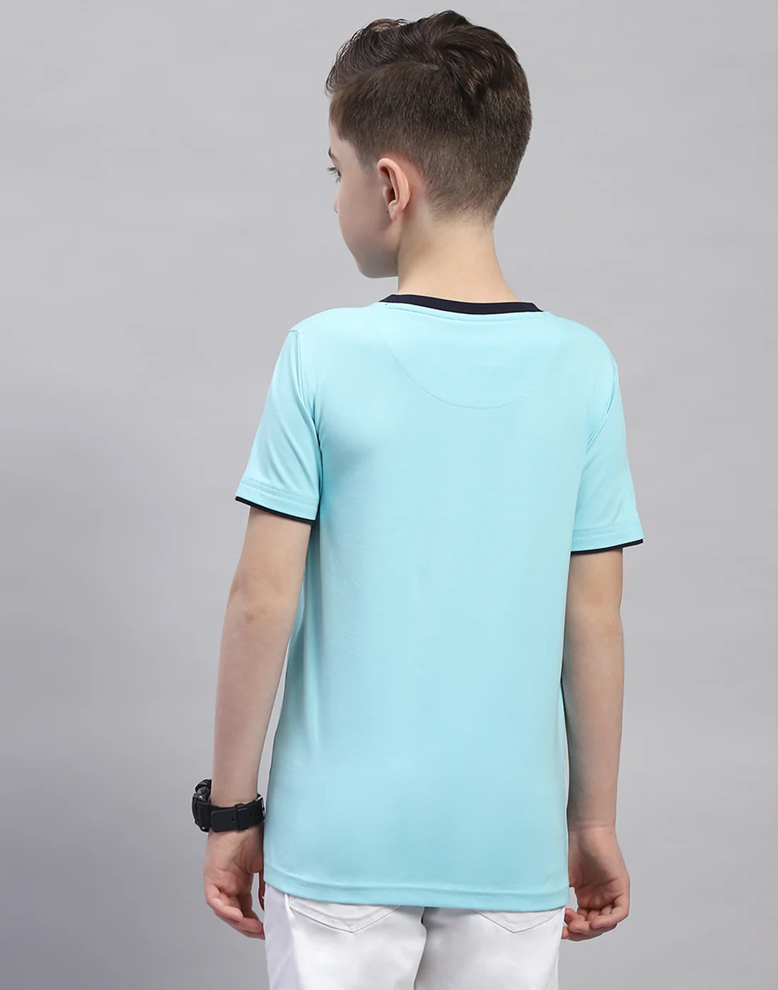 Boys Turquoise Blue Printed Round Neck Half Sleeve T-Shirt - Image 5