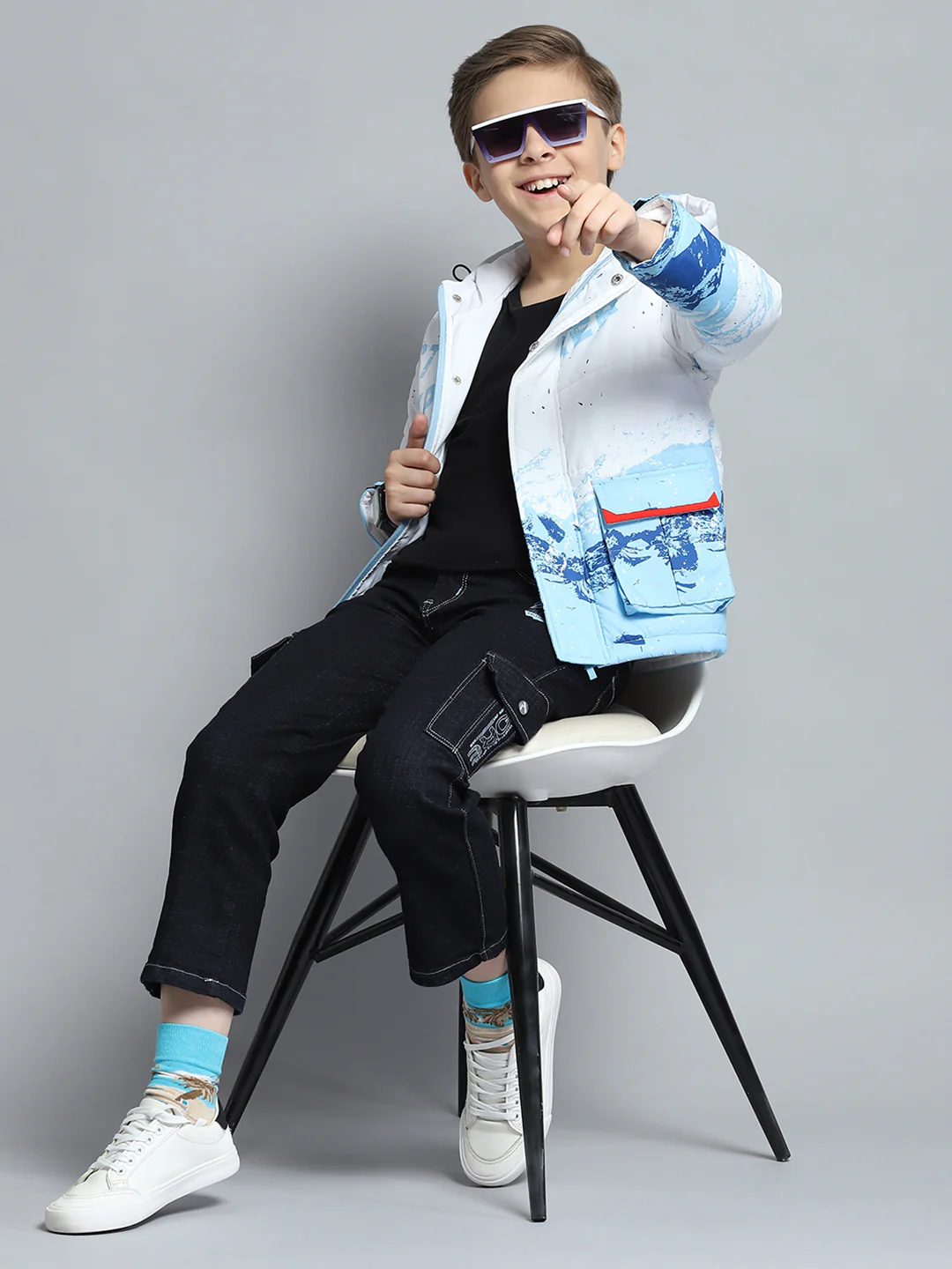 Boys White & Blue Printed Hooded Full Sleeve Jacket - Image 2