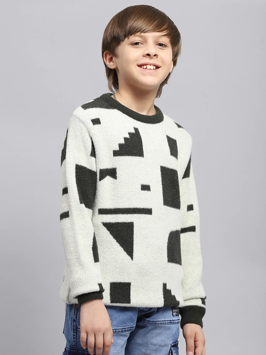 Boys White & Olive Printed Round Neck Full Sleeve Pullover - Image 4