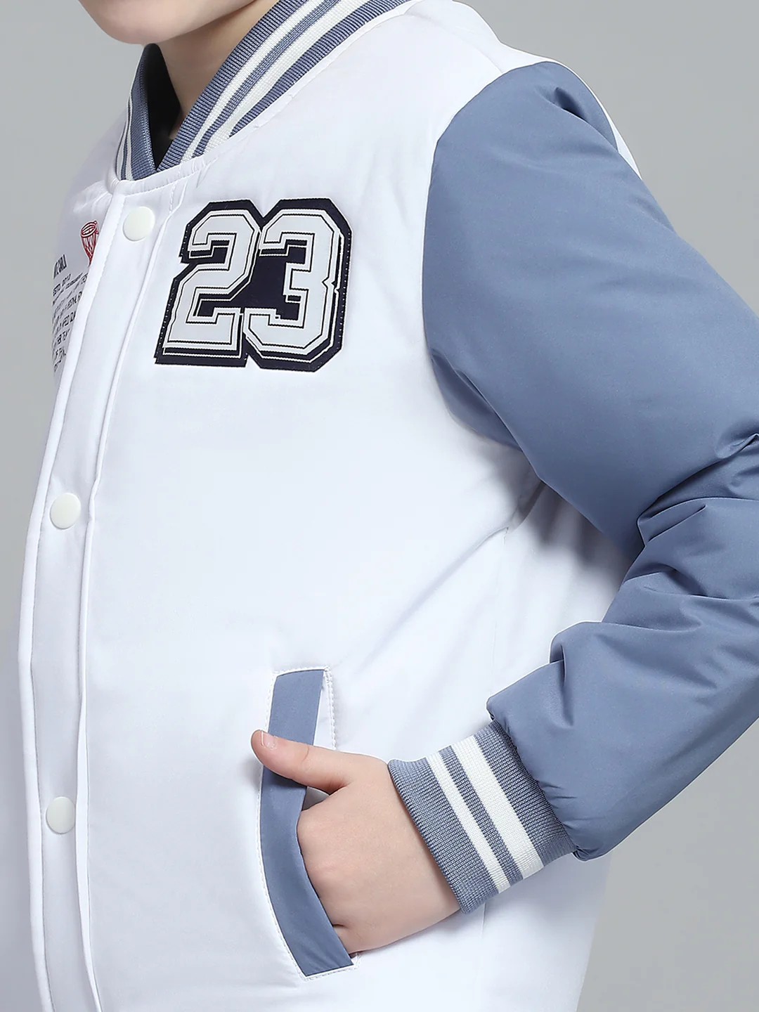 Boys White Printed Band Collar Full Sleeve Jacket - Image 6